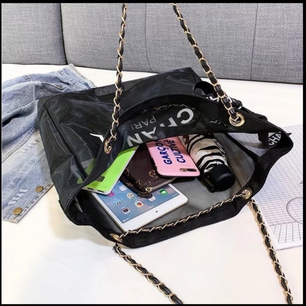 Elegant Black Chain Strap Mesh Tote Bag